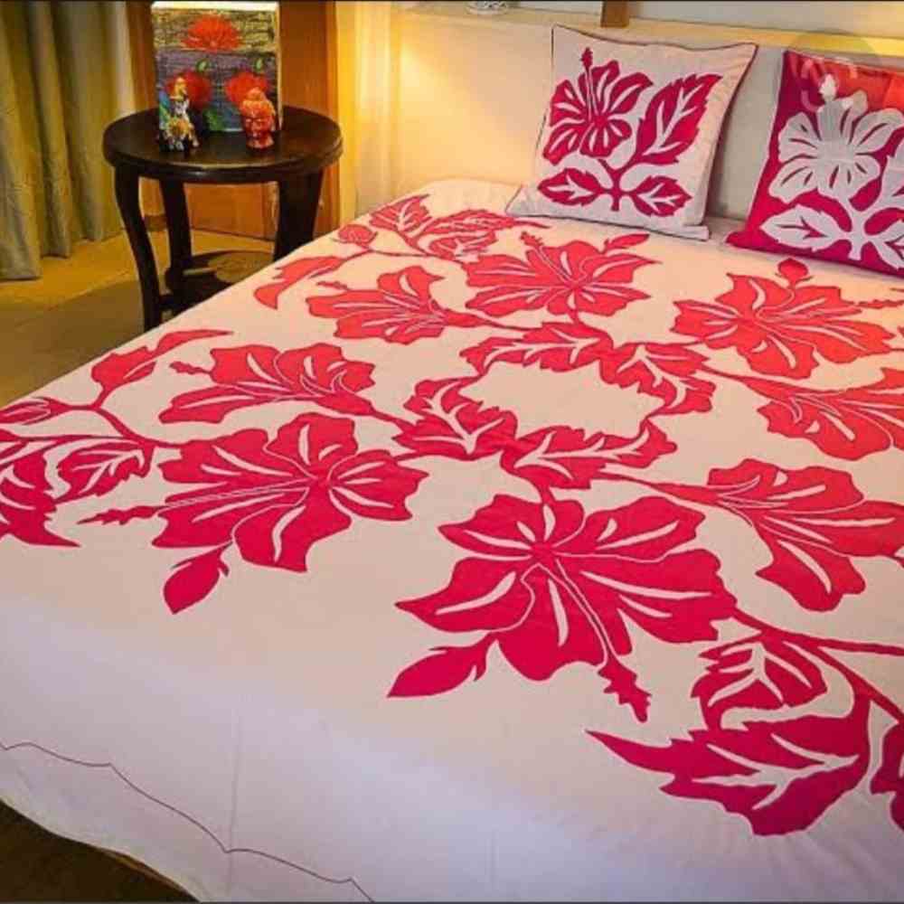 Handmade Applique Bedsheet – Off-White Base with Red Applique Work